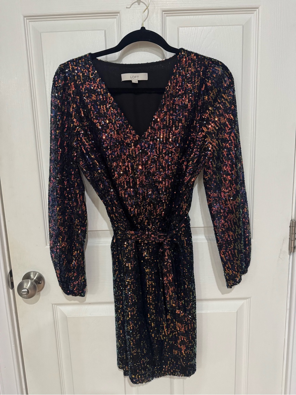 LOFT Black Sequin Wrap Dress with Multicolor Shine